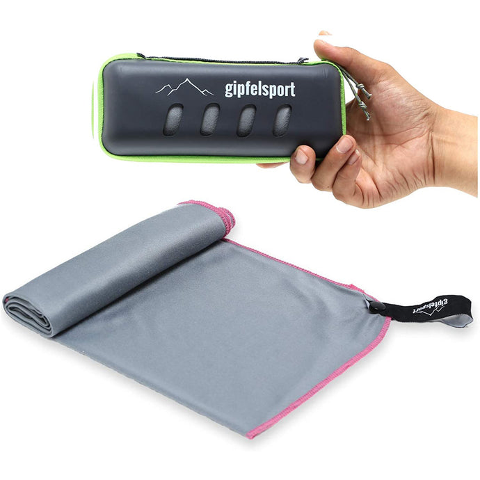 Schnelltrocknende Microfaser Handtücher - mit robuster Tasche Grau/Pink